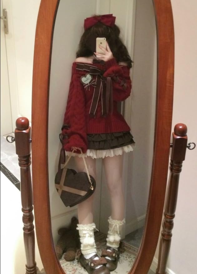 Womens Y2k Off The Shoulder Sweater Cute Bow Long Sleeve Cable Knit Pullover Kawaii Sexy Knitted Top3