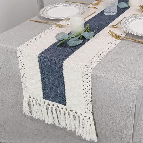 Image of FEXIA Boho Blue Table Runner 48 Inches Long with Tassels Macrame Farmhouse Summer Style Graduation Party Rustic Wedding Baby Shower Dining Kitchen Living Room Decor (12x48 Inches)