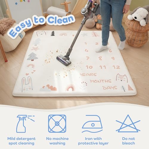 Image of 1.3 inch Thick Playmat for Floor, 50 x50 Monthly Milestone Mat, Padded Support Soft Plush Nursery Mats for Crawling Kick Activity, Flannel Photography Background Prop for Boys Grils