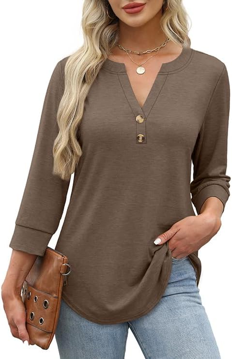 OFEEFAN Womens Tops 3/4 Sleeve Henley Shirts for Women Summer Outfits Fashion Clothing thumbnail