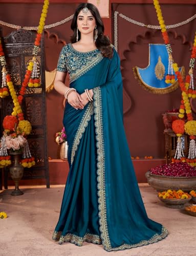 Image of DHARMEE Women's Elegant Designer Sarees Premium Rangoli Fabric with Embellished Border, Lightweight and Stylish Ethnic Wear - Perfect for Parties, Weddings, and Festive Occasions..
