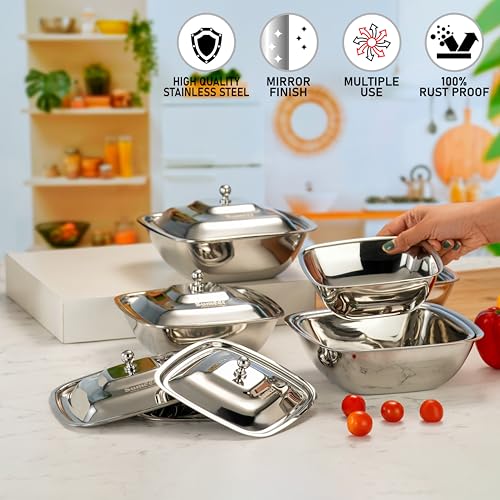 Image of Sumeet Stainless Steel Square Serving Bowl /Curry Bowl /Gravy Pot with lid, 2Pc each of 600ml,900ml & 1250ml capacity, 14.5cm, 17cm & 18.8cm Dia, Set of 6 Pcs, Silver