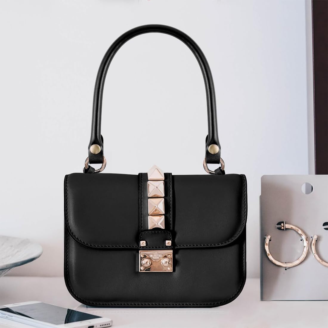 2 Poignées Remplacement Sac En Cuir PU - 40 Cm Noir Avec Boucles Métalliques