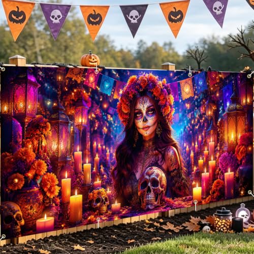 Image of Catrina Sugar Skull Garage Door Cover 6x13 ft, Halloween