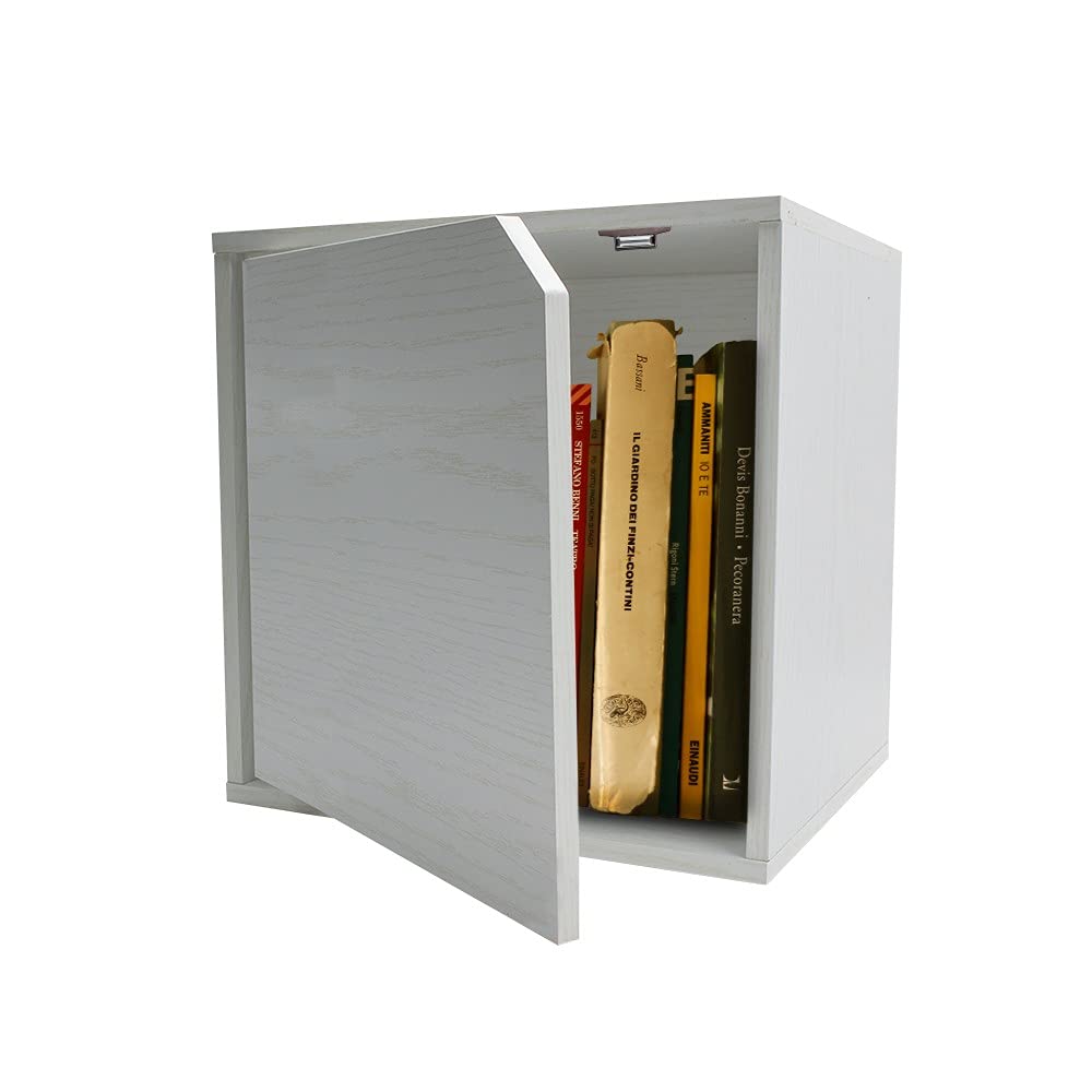 Mediawave Store - Cubo Modulare Libreria Cemento Frassinato Anta Apribile CUBE STACK 13232, per Spazi Interni, Mensola da Parete per Ingresso, Soggiorno, Camera da letto, Cameretta (Bianco)