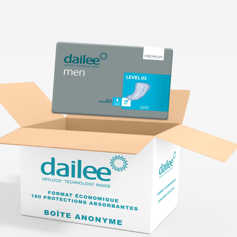 Dailee Men Niveau 3-180x Protections Absorbantes pour Incontinence Homme - Protection Anatomique 4 Gouttes - Format Économique