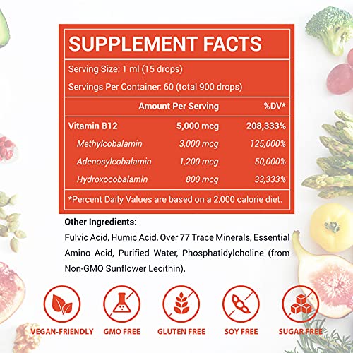Liposomal Vitamin B12 Sublingual 5000 Mcg Maximize Absorption, B12 Vitamins Liquid Vegan B12 Drops With Fulvic Acid, 3 In 1 Methylcobalamin Bioactive Formula For Energy, Immune-4 Fl Oz #TOP1