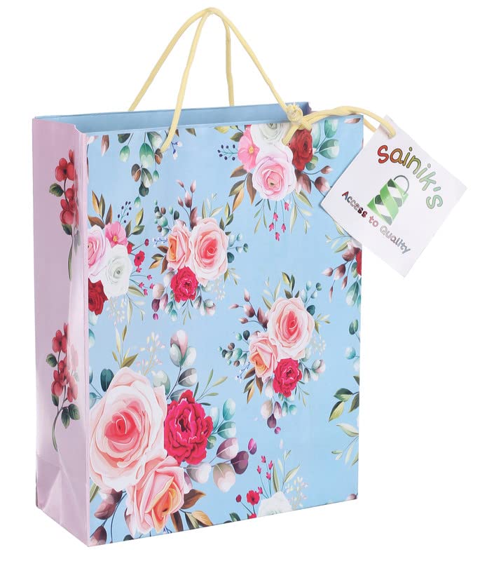 Image of SAINIK'S - ACCESS TO QUALITY Light Blue Flowers Design Paper Bags /Gift Bag, Goodies Bag, Promotional Bag For Wedding Pack of 20 (25 X 20 X 8) CM ,746 gram