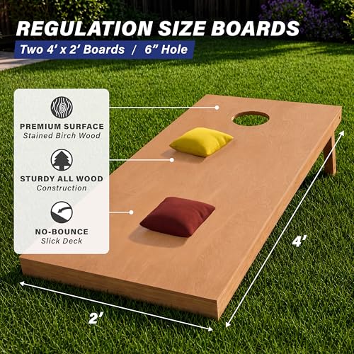Image of GoSports 4 ft x 2 ft Regulation Size Wooden Cornhole Boards Set with Light Brown Finish - Includes Carrying Case (Choose Your Colors)