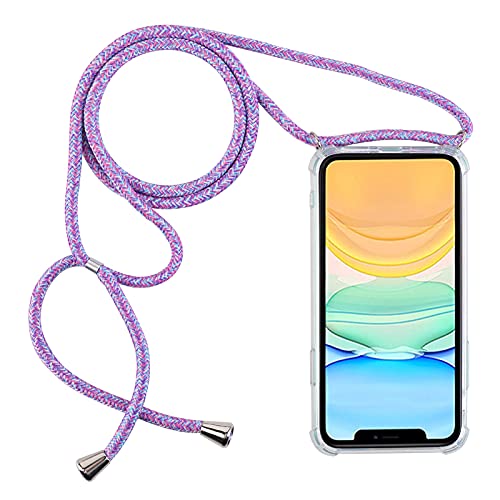 PuYu Zhe Compatible With iPhone 12/12 Pro Case,Clear Transparent TPU Silicone Shell,Crossbody Slim Stylish Shockproof Cover,Adjustable Neck Cord Lanyard-Blue rainbow