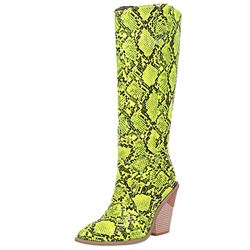 Lizoleor Women Fashion Pointed Toe Knee High Wedge Cowboy Boots