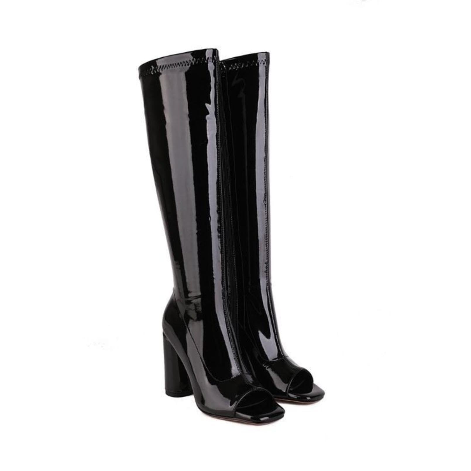 Generisch Damen Kniestiefel Abendparty Offene Zehen Klotzabsatz Stretch Lackoptik Quadratische Zehen Form Elegante Lange Stiefel Für Festliche Anlässe