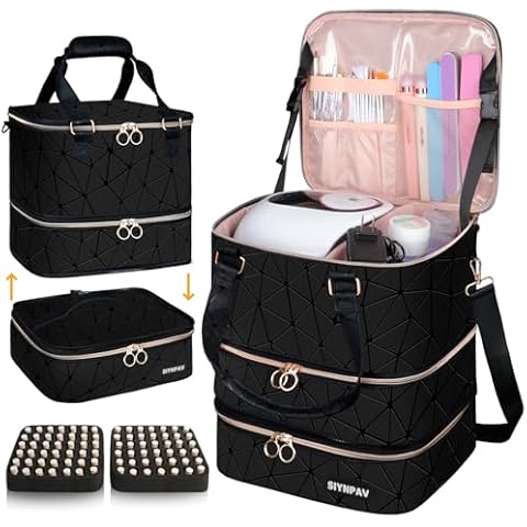 SIYNPAV Nail Polish Organizer Bag Holds 84 Bottles (15ml/0.5fl.oz)& Nail Lamp, 3 Layers Detachable Nail Kit Storage Case PU Leather, Large Travel Nail Supplies Shoulder Bag for Manicure Tools (Black) Cover