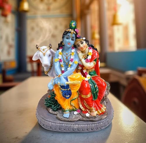 Image of KRAAFTIQUE Handmade Marble Radha Krishna with Cow Idol | Decorative Murti for Home Decor, Wedding, Anniversary, Housewarming, and Return Gift (18 CM)
