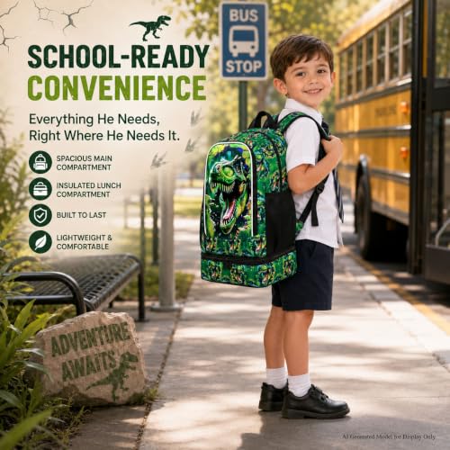 Image of 2 In 1 Dinosaur Backpack for Boys, 17 inch School Bookbag with Lunch Box, Kids Backpacks for Elementary Preschool Kindergarten (Green)