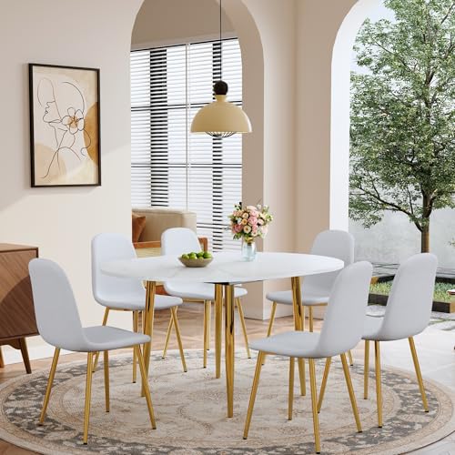 Image of Extendable Round Dining Table Set for 6, 42-54 inch Expandable Dining Table with 6 Upholstered Chairs, Engineered Wood Top, Space-Saving Round Kitchen & Dining Room Table Set(1 Table + 6 White Chairs)