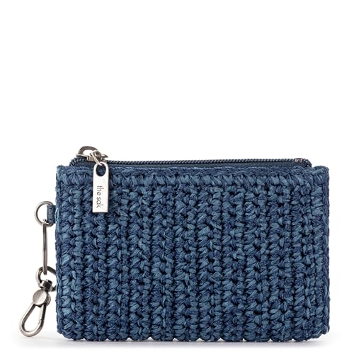 Image of The Sak Encino Card Wallet - Women's Crochet Wallet For Everyday - Slim Wallet With Zipper, Credit Card Slots & Coin Holder - Denim Tonal Straw