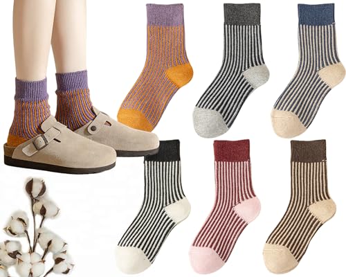 CHUNFO Womens Strip Ankle Socks Cute Athlete Ribbed Colorful Slouch Crew Cotton Casual Sock Size5-10.5
