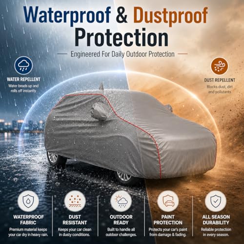 Image of Heavy-Duty Car Body Cover for Honda's City (2008-2013) | Waterproof, Dustproof, UV Protection, Custom Fit, Heavy Belt & Buckle with Mirror & Antenna Pocket | Dark Grey