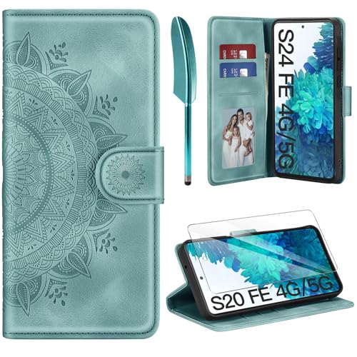 ivencase Lederhülle für Samsung Galaxy S20 FE 5G / 4G Hülle mit Schutzfolie Premium Klappbar Flip Wallet Handyhülle [Kartenfach] [Ständer] Schutzhülle Kompatibel mit Samsung S20 FE Grün