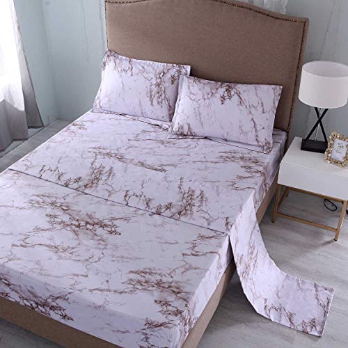 Jejeloiu Brown Marble Sheet Set Full Size Modern Pattern Printed 4Pc Marble Bedding Sheet Set With 1 Flat & 1 Fitted Sheet With 2 Pillow Shams, 14” Deep Poacket Bed Set #TOP1