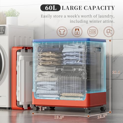 Image of HAIXIN HOME 60L Cute Laundry Hamper, Slim Rolling Laundry Hamper with Lid, Dirty Clothes Hamper Cart with Handle for Bedroom, Bathroom, Closet, Dorm, Blue Lid, White Body and Red Base - Tricolor