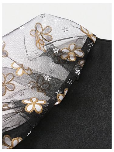 Girl's Floral Embroidery Mesh Tops T Shirt Puff Sleeve Crew Neck Slim Fit Elegant Summer Tees4