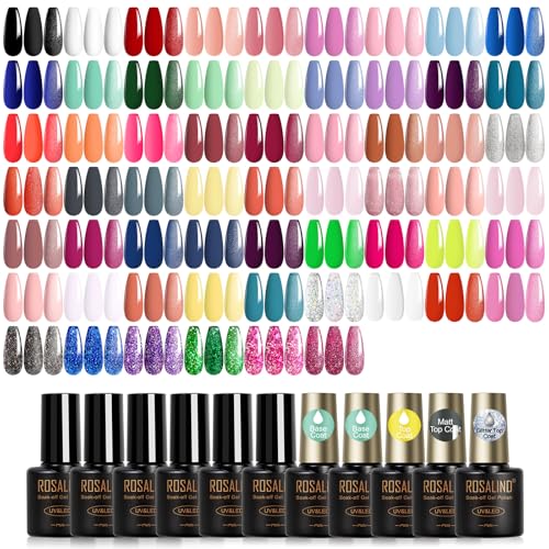 Image of ROSALIND 65PCS Gel Nail Polish Set, 60 Colors Glitter Red Gel Polish with 5 Bottles of Base and Glossy Matte Top Coat Soak off Nail Set Suitable for All Seasons
