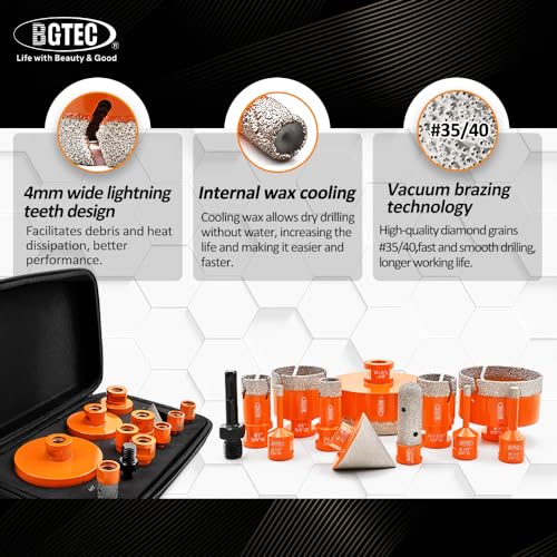 Image of BGTEC Diamond Hole Saw Kit Marsonry Drill Bits,5 /8-11 Thread 12pcs 6 /6 /8 /20 /25 /35 /50 /75 /100mm Drill Bits+20mm Milling Finger Bit+2 inch chamfering Bit+SDS for Granite Marble Porcelain Tile Ceramic