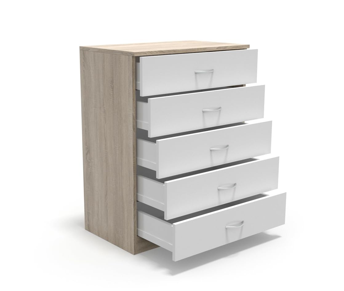 DORMIDAN - Cómoda 5 cajones guías metálicas, habitación Dormitorio, Armario con cajoneras. (Roble cajones Blancos)