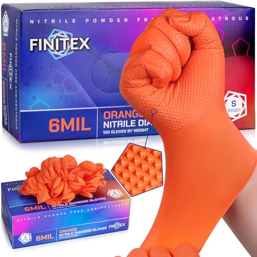 Image of FINITEX Disposable Nitrile Orange 6.3mil Mechanic Heavy Duty Gloves | Powder-free, Latex-free,Industrial-grade,Orange,3D Diamond Texture, Comfortable fit,Heavy Duty,Mechanic,House Home Cleaning