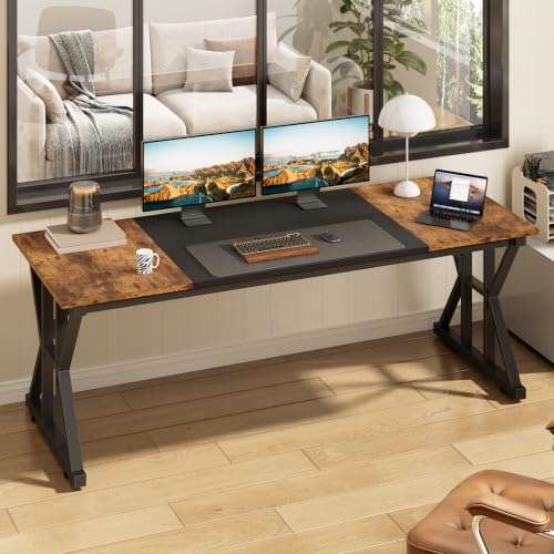Image of 63 inch Large Computer Desk with Thickened Frame for Home Office, Living Room | Modern Simple Executive Desk, Larger Gaming Desk with X-Shaped ReInchforcement, Rustic Brown /Black