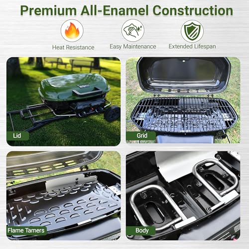 Brand-Man Portable Gas Grill, 2-in-1 Propane Camping Grill & Griddle Porcelain-Enameled with Folding Stand-Up Cart, 18,000 BTU 2-Burner Outdoor BBQ for Family Camping, Tailgating and Patio, Green - Image 4