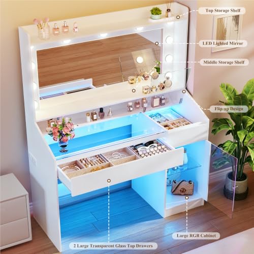 Image of HUAHUU Vanity Desk with Mirror & RGB Lights, White Makeup Vanity Table with 2 Transparent Top Large Drawers & RGB Cabinet, Vanity Desk with LED Lighted Mirror 3 Colors, Power Outlets, Flip-up Drawer