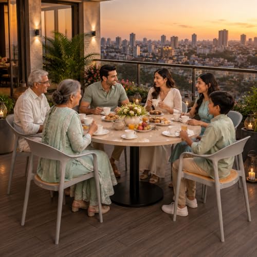 Image of Rattan Style Outdoor Chair | Set of 6 Grey Plastic Arm Chair for Garden, Balcony, Patio & Cafe | Lightweight Weather Resistant Seating | 3 Year Manufacturing Warranty