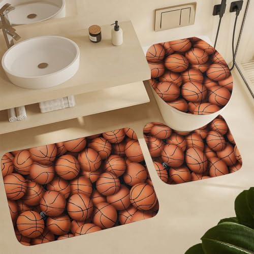Juego de tres tapetes de piso de terciopelo coral con estampado de baloncesto naranja miniatura 5