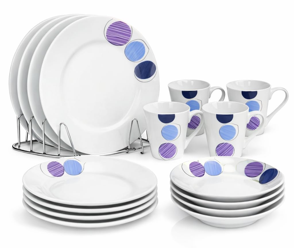 Housetronics 16-Piece Round Porcelain Dinner Set for 4โ 4 Dinner Plates and Bowls Set with 4 Side Plates & Mugs, Dishwasher Safe, Highly Resistant Dinnerware, Kitchen & Dining (Blue & Purple Pattern) โ image 1