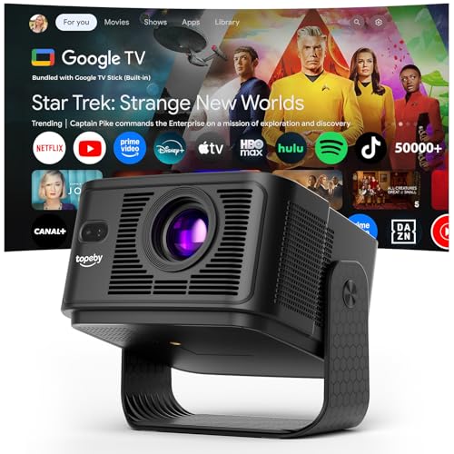 Proyector [Google TV 50000+ Apps & 4K 8K Support 1080P Native Res & Corrección Automática de Pantalla] 700 ANSI HDR10+, AI Voice Assistant Altavoces, Dobles de 10W Audio 3D, Proyector Portátil, Negro