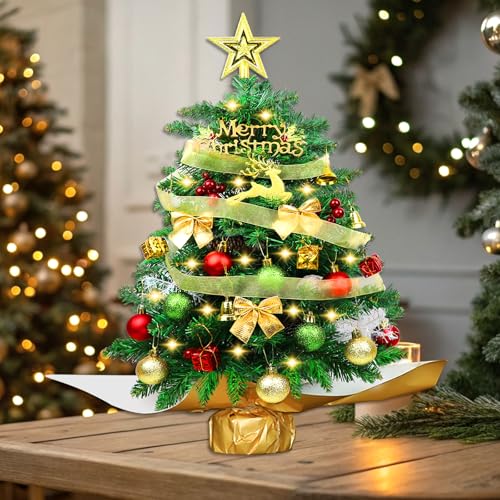 60cm Mini Weihnachtsbaum mit LED Beleuchtung,Kleiner Künstlicher Weihnachtsbaum mit Beeren Weihnachtskugel Tannenzapfen Christbaumspitze Stern deko für Home Office Bar Esstisch Dekorationen