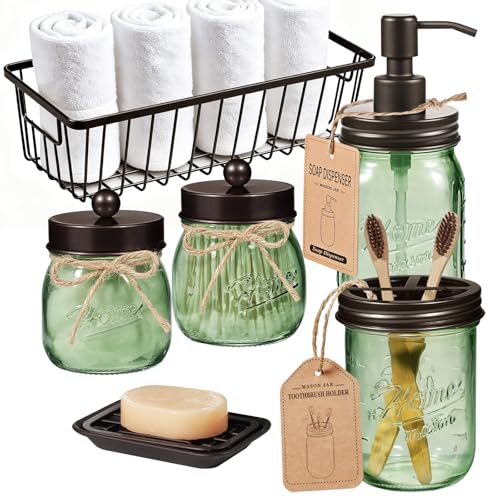 SheeChung Mason Jar Bathroom Accessories Set 6Pcs Green Glass Bathroom Set