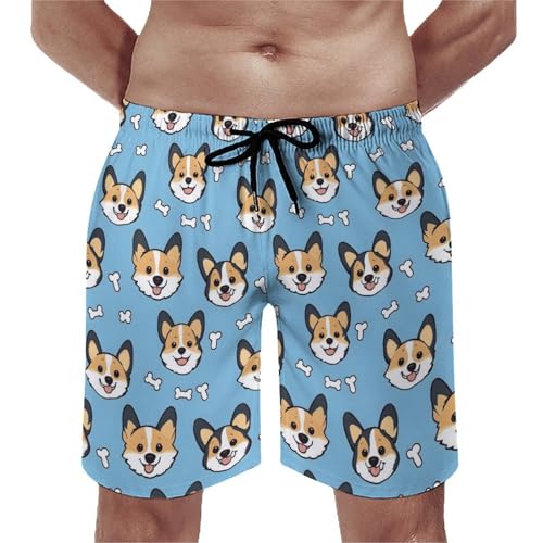 Hawaiian Shorts for Men - Comfy Puppy Corgi Cute Print Mens Swim Trunks Bathing Suits with Mesh Lining