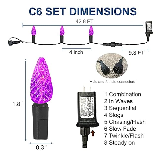 Dazzle Bright Halloween Lights, 100 LED 33 FT C6 String Lights with 8 Modes, Connectable Halloween Decorations for Indoor Outdoor for Tree Patio Party Decor (Purple & Orange)