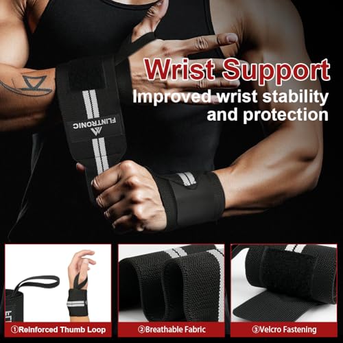 flintronic Bandaże na nadgarstek, fitness, 2 sztuki, regulowane podparcie nadgarstka, trening siłowy z pierścieniem na kciuk, bawełniana podpórka pod nadgarstek, do fitnessu, sportów siłowych