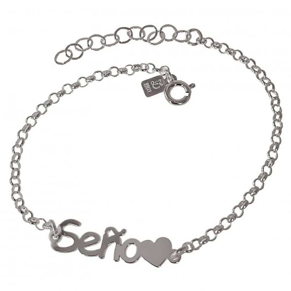 Pulsera Plata Ley 925m motivo Seño corazón cadena rolo 17cm.