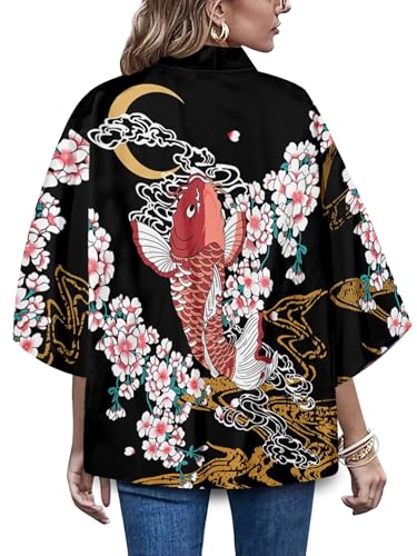 Image of LAI MENG FIVE CATS Women's Floral Print Loose Blouse Japanese Kimono Tops | Puff Sleeve,Cover up Top,Casual Cute Tops,Summer Cardigans 2026