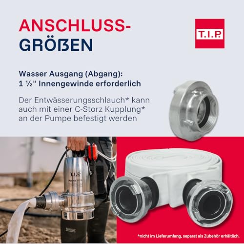 T.I.P. Maxima 300 IX Schmutzwasser-Tauchpumpe Edelstahl, 18 000 l/h, 700 W, 30 mm Partikel, Vortex-Laufrad, Schwimmerschalter, Thermoschutz, Notentwässerung, Robust & langlebig