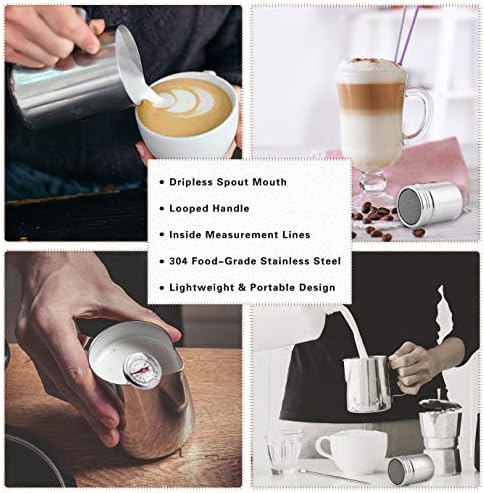 WXJ13 Milk Jug 900ml/32OZ, Stainless Steel Milk Frothing Pitcher, Milk Thermometer with Clip, Powder Shaker with Lid and Latte Art Pen for Hot Chocolate Cappuccino Coffee Latte Art Maker