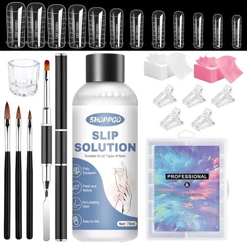 SHOPPGO Slip Solution Polygel, Polygel para Uñas Kit, 75ml Polygel Slip Solution, 120 Tips Uñas Soft Gel, 4 Pincel Acrilico Uñas, 5 Clips de Uña, 1 Vaso de Cristal, 100 Hojas de Limpieza
