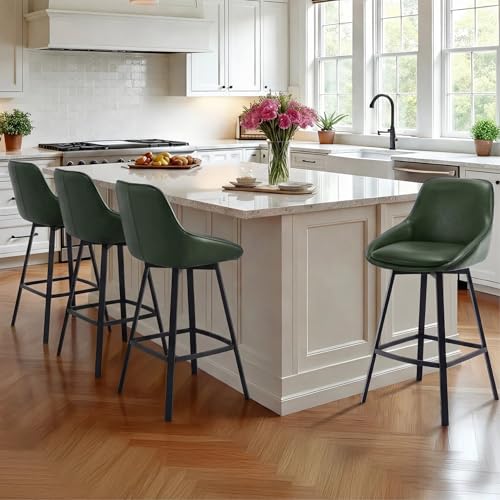 Image of Zesthouse Swivel Bar Stools Set of 4, 26 inch Modern Counter Height Bar Stools with Low Backs, Upholstered Faux Leather Bar Chairs for Kitchen Counter, Green Island Chairs with Metal Legs