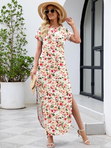 Image of Heymoments Womens Summer Maxi Dress Short Sleeve Casual Loose Long T Shirt Split Vacation Beach Sundress with Pockets